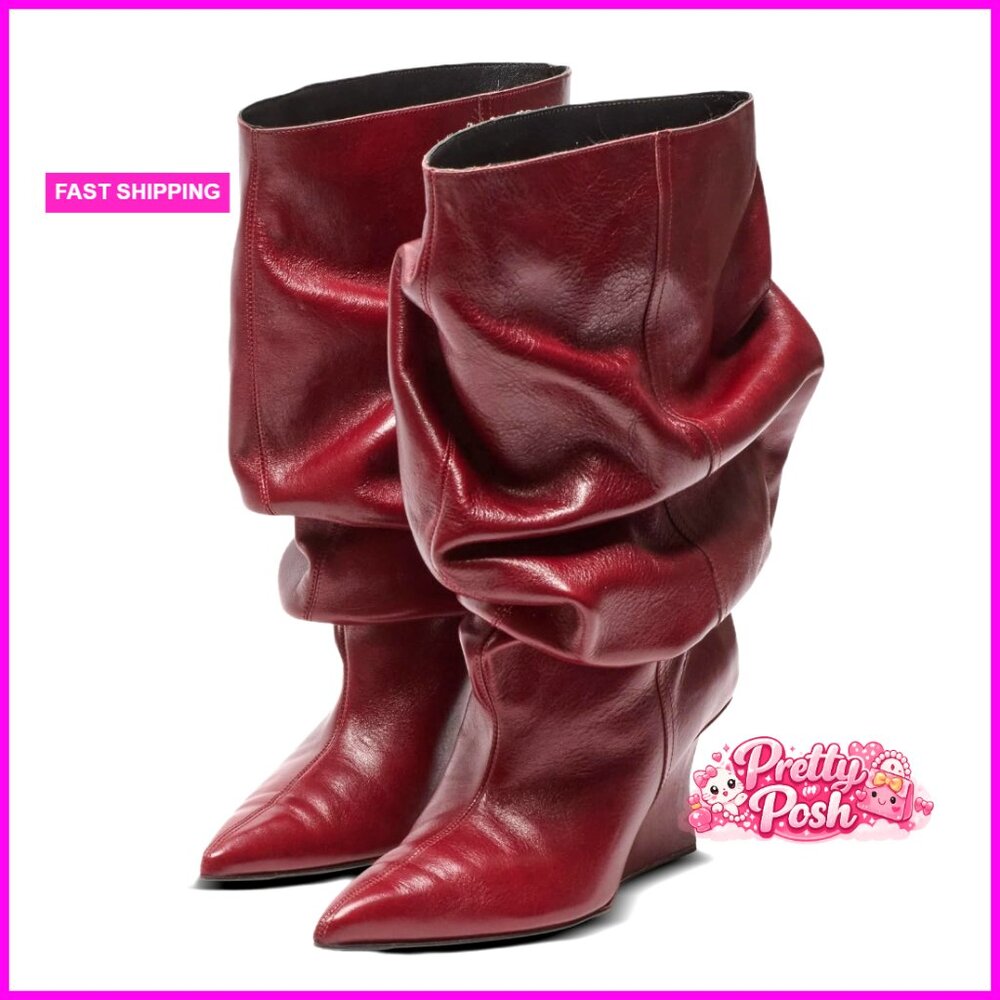 Leather Wedge Heel Mid Calf Boots Slouchy Pull On Wide Calf